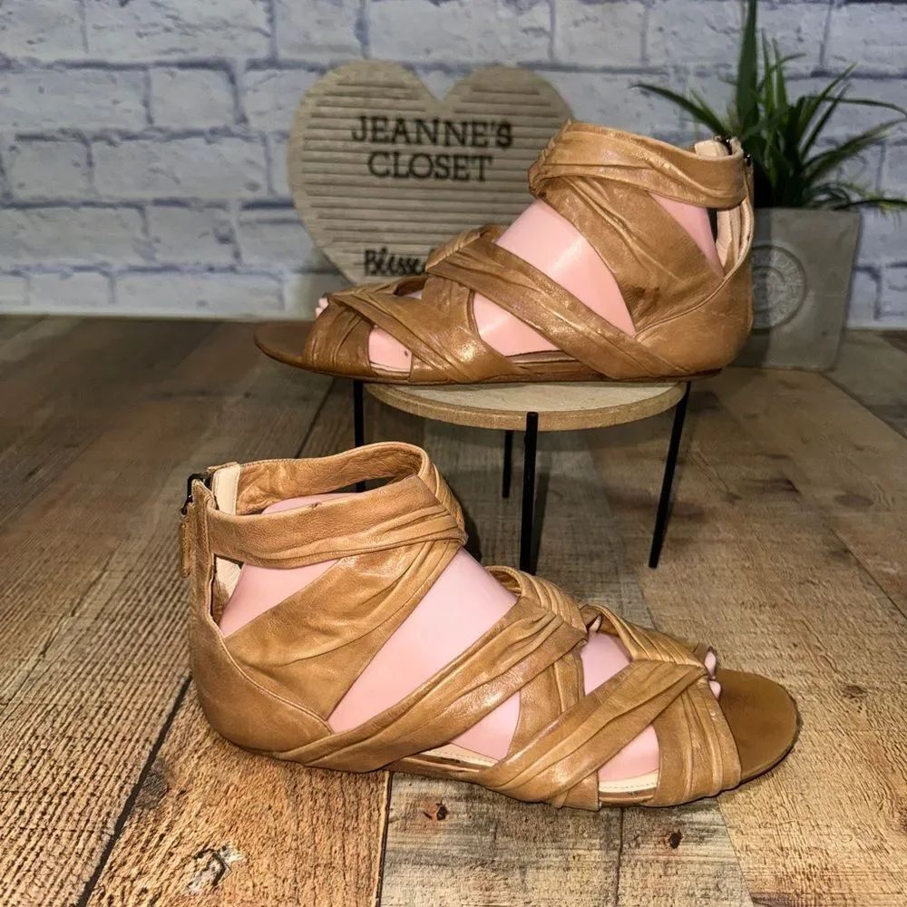 Prada Tan Pleated Leather Caged Flat Sandals Size 38.5